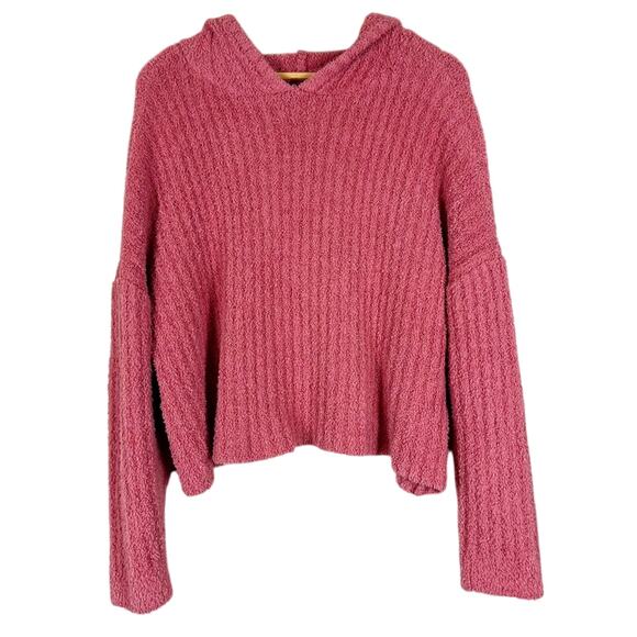 So Cropped Hoodie Sweater Womens L Pink Fuzzy Ribbed Oversized Cozy Slouchy - Picture 1 of 5